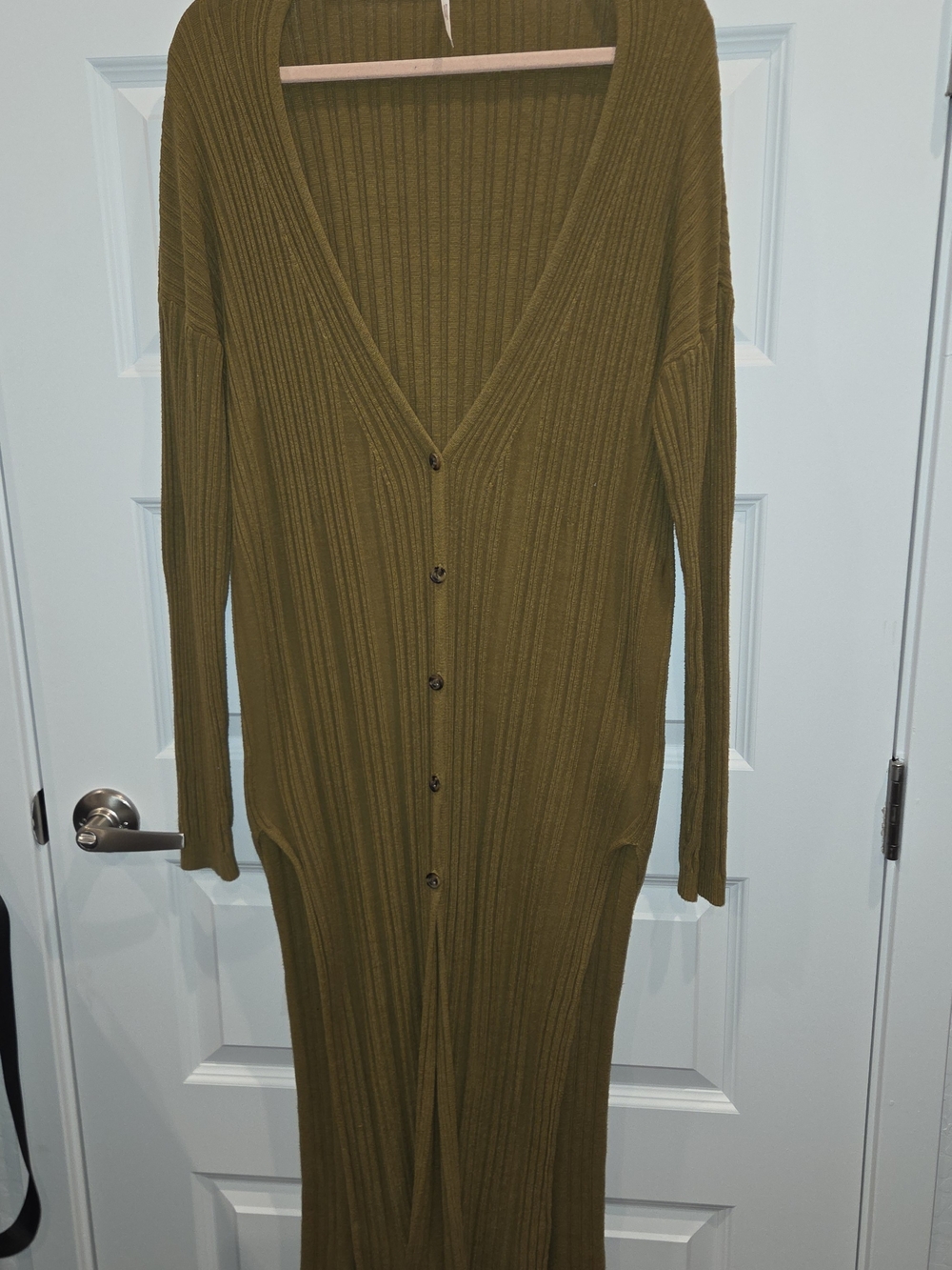 Free People Olive Ribbed Button-Front Long Cardigan